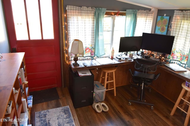 home office featuring dark hardwood / wood-style floors