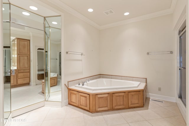 bathroom featuring crown molding, tile patterned floors, and plus walk in shower