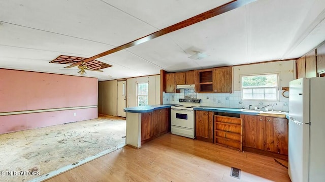 kitchen featuring sink, light wood-type flooring, a wealth of natural light, and white appliances