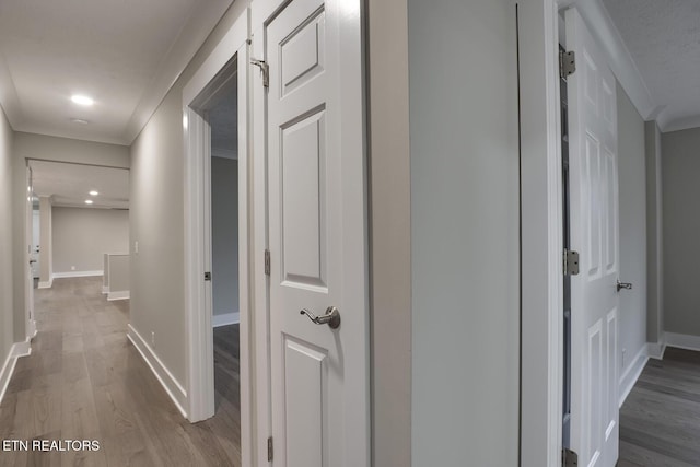 hallway featuring ornamental molding and hardwood / wood-style floors