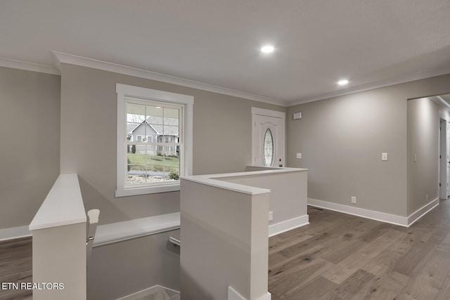 corridor featuring hardwood / wood-style flooring and ornamental molding