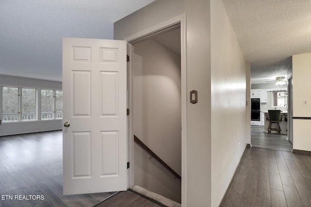 hall featuring dark hardwood / wood-style flooring and a textured ceiling