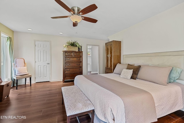 bedroom featuring dark wood-style floors, recessed lighting, baseboards, and ceiling fan