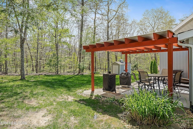 view of yard with a pergola, an outdoor structure, a patio area, outdoor dining space, and a storage unit