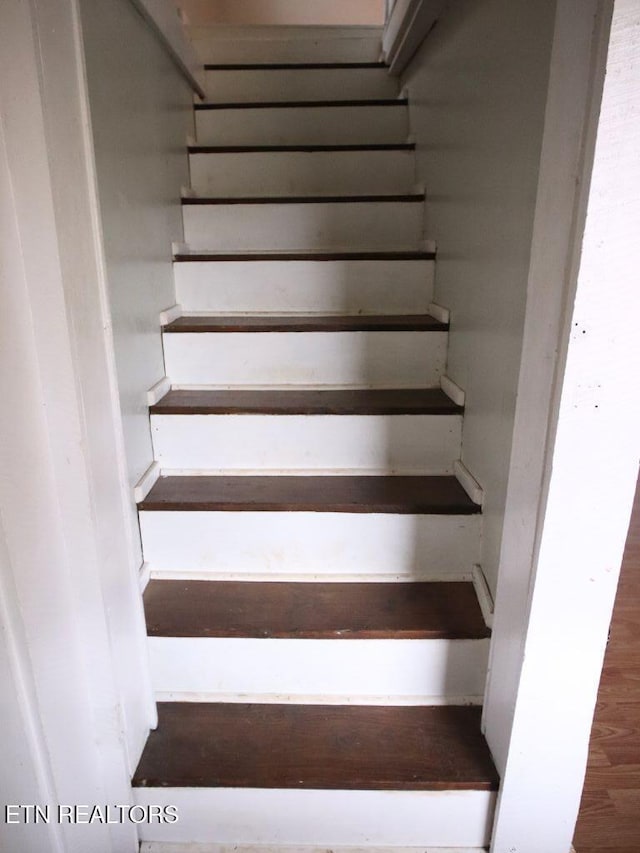 staircase with hardwood / wood-style floors