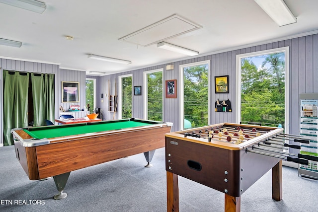 rec room featuring light carpet and billiards