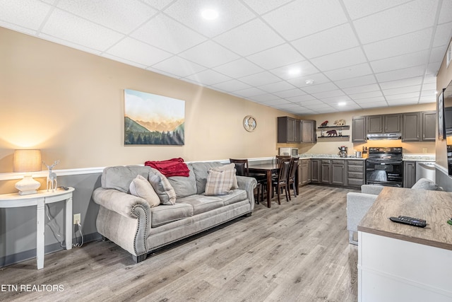 living room featuring light hardwood / wood-style flooring and a drop ceiling