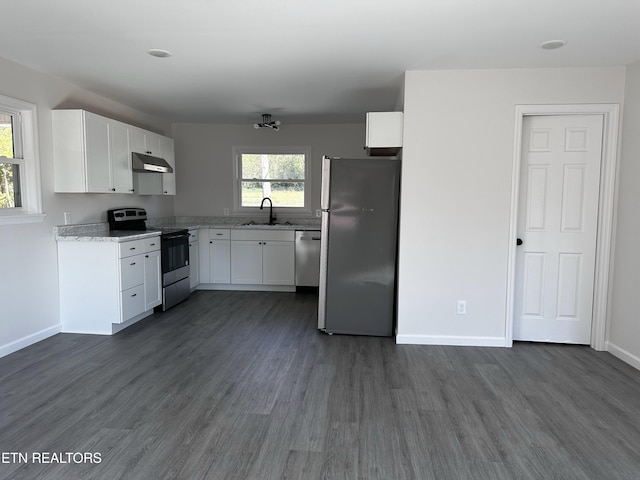 kitchen with white cabinetry, appliances with stainless steel finishes, sink, and dark hardwood / wood-style flooring