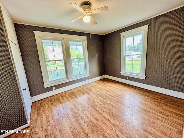 spare room with ornamental molding, light hardwood / wood-style floors, and ceiling fan