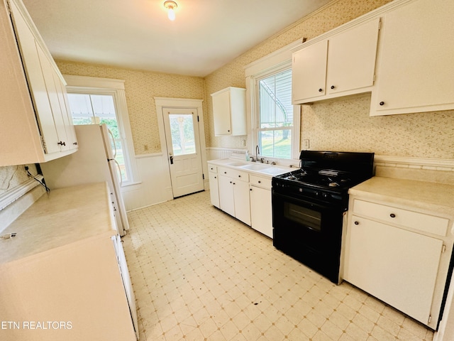 kitchen with black range oven, sink, and white cabinets