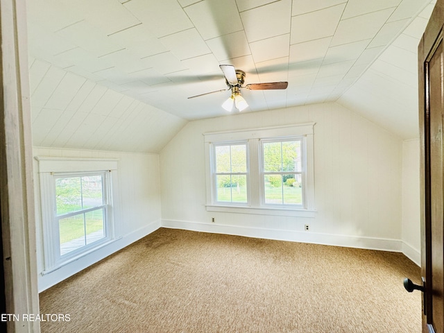 bonus room featuring a healthy amount of sunlight, lofted ceiling, and carpet flooring