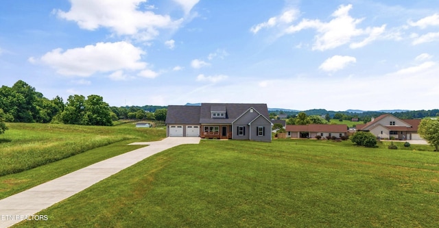 cape cod-style house featuring a garage and a front lawn