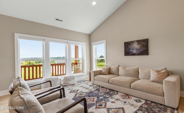 living room featuring wood-type flooring, a healthy amount of sunlight, and high vaulted ceiling