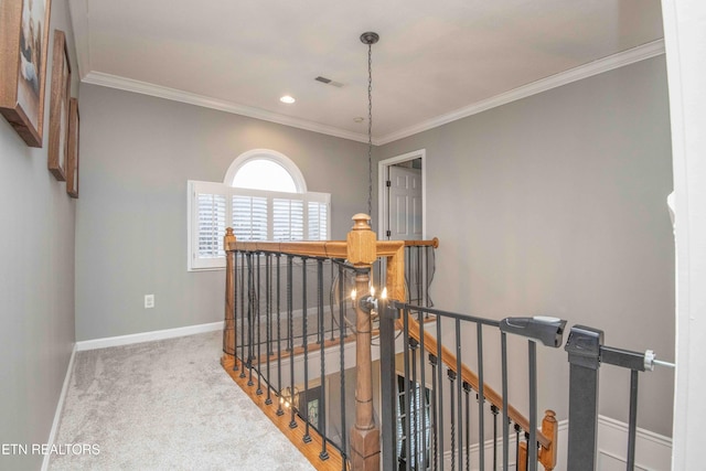 corridor with crown molding and carpet floors