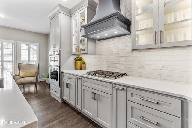 kitchen with premium range hood, appliances with stainless steel finishes, dark hardwood / wood-style floors, gray cabinets, and decorative backsplash