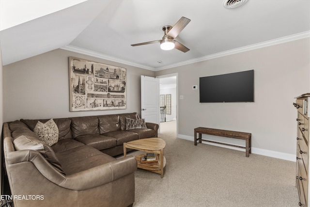 carpeted living room with crown molding, ceiling fan, and vaulted ceiling