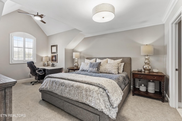 bedroom with lofted ceiling, light colored carpet, and ceiling fan