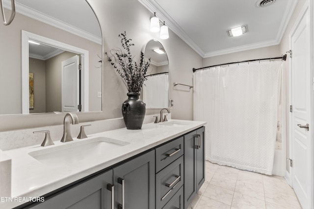 bathroom with crown molding, shower / bath combination with curtain, and vanity