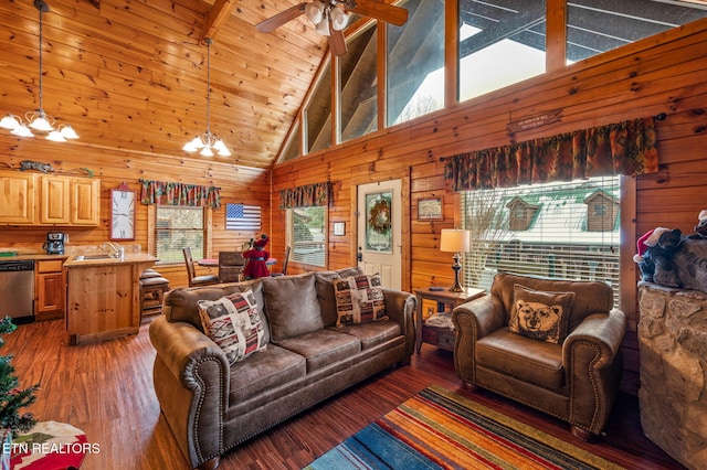 living room with sink, dark wood-type flooring, vaulted ceiling with beams, and wood walls