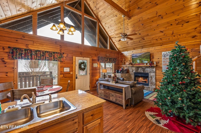 kitchen with sink, wood ceiling, a fireplace, and wood walls