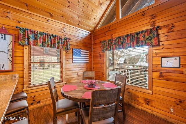 dining room featuring wood ceiling, wooden walls, and vaulted ceiling