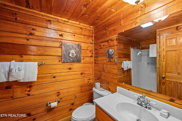 bathroom with wooden walls, vanity, toilet, and wooden ceiling