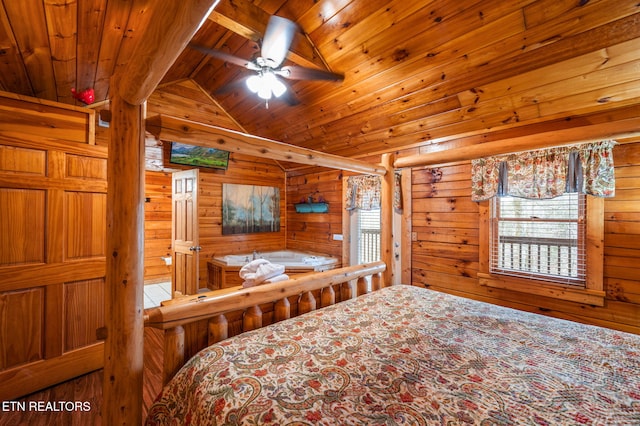 bedroom with wood ceiling, wooden walls, and vaulted ceiling