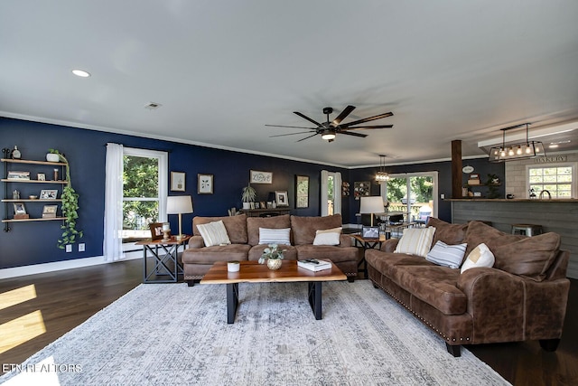 living room with hardwood / wood-style floors, crown molding, and ceiling fan