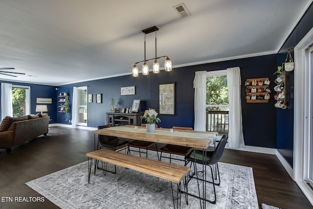 dining area featuring ornamental molding, a healthy amount of sunlight, and dark hardwood / wood-style flooring