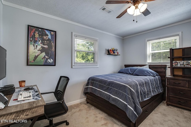 bedroom featuring light colored carpet, multiple windows, and a textured ceiling