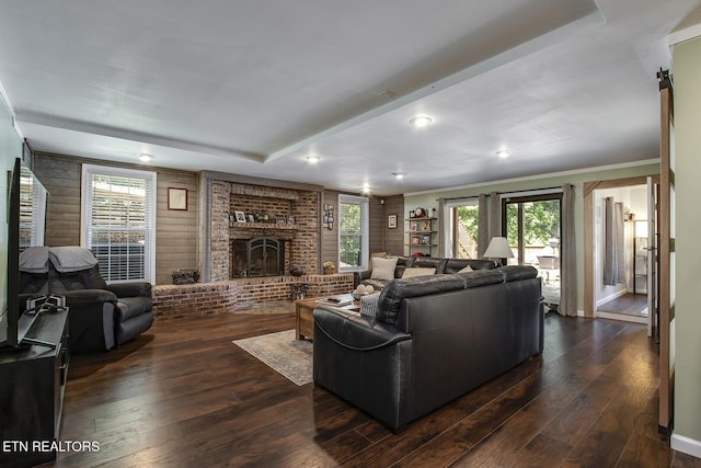 living room featuring a fireplace, ornamental molding, and dark hardwood / wood-style floors