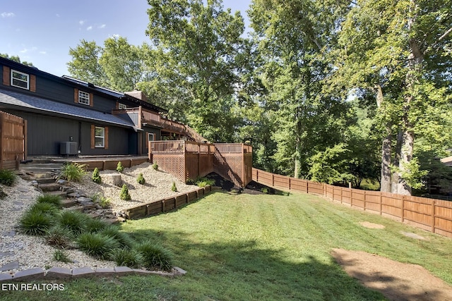 view of yard with a wooden deck and central AC