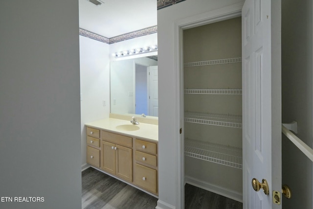 bathroom with visible vents, vanity, and wood finished floors