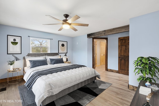 bedroom with light wood-type flooring and ceiling fan