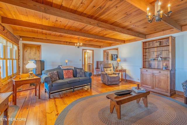 living room with an inviting chandelier, wood ceiling, beamed ceiling, and light wood-type flooring