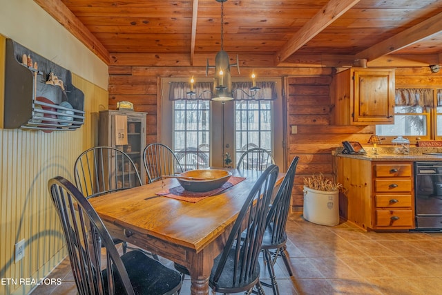 dining room with wood ceiling, log walls, and beamed ceiling