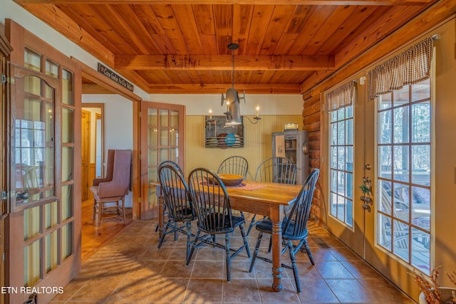 dining area with beam ceiling, a notable chandelier, wood ceiling, and french doors