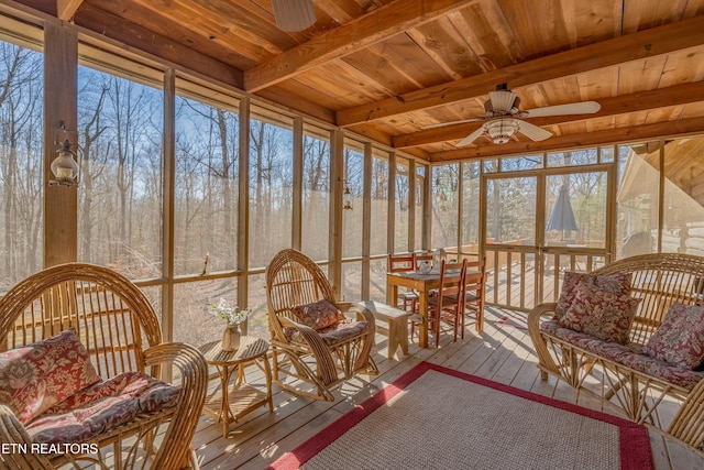 sunroom featuring wood ceiling, ceiling fan, and beam ceiling