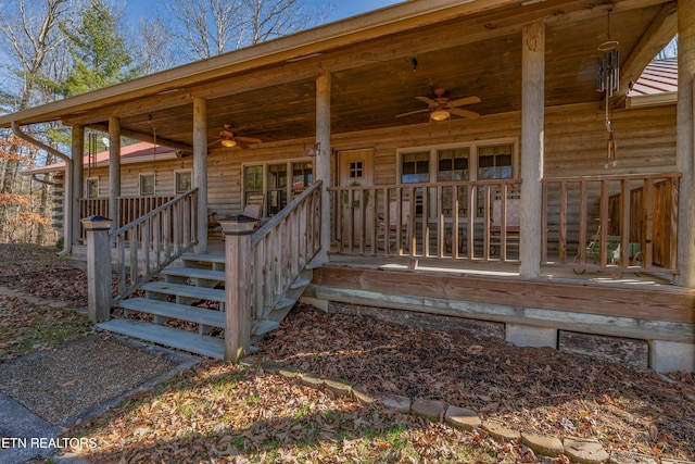 deck featuring a porch and ceiling fan