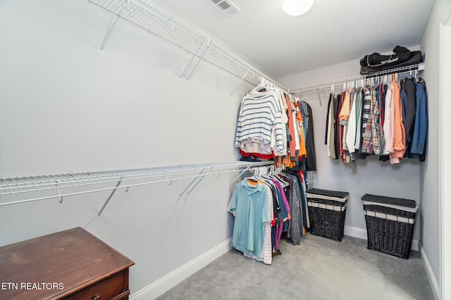 walk in closet with light carpet