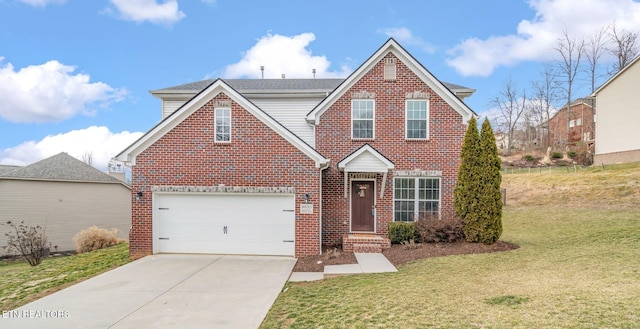 front facade with a garage and a front lawn