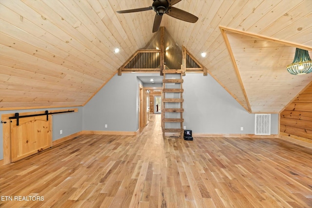 additional living space with wood ceiling, ceiling fan, lofted ceiling, and hardwood / wood-style floors