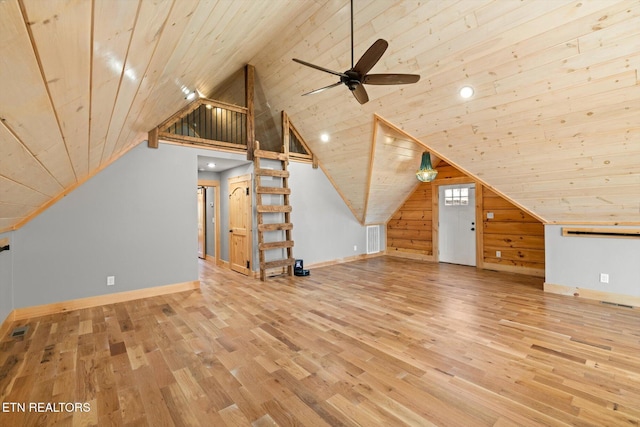 additional living space with lofted ceiling, wood ceiling, wood-type flooring, and ceiling fan