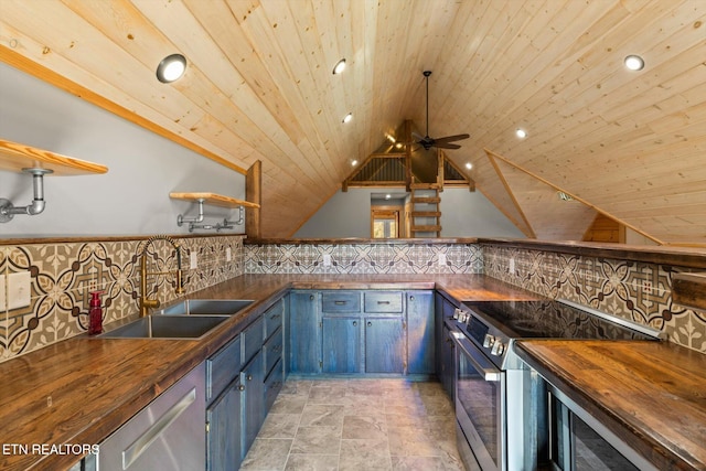 kitchen with stainless steel appliances, sink, wood ceiling, and butcher block countertops