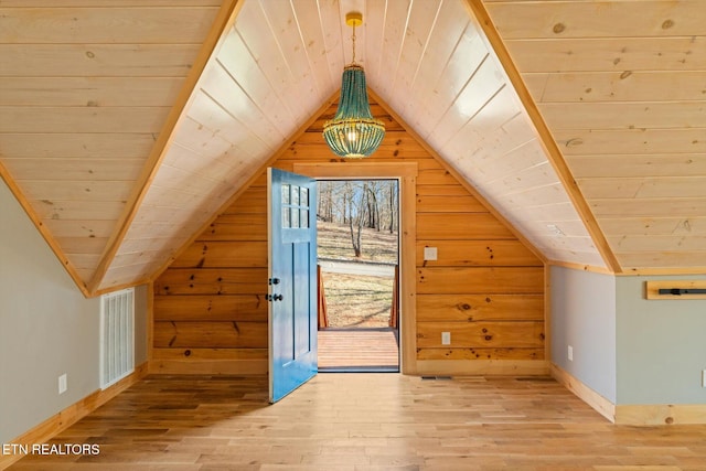 additional living space featuring vaulted ceiling, wooden ceiling, wooden walls, and light wood-type flooring