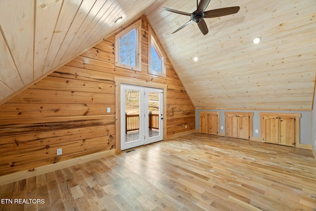 additional living space with wooden walls, light hardwood / wood-style flooring, and wooden ceiling