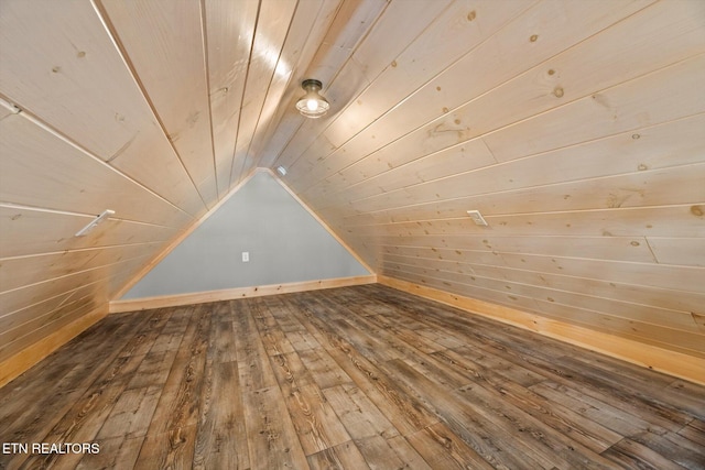 bonus room featuring lofted ceiling, hardwood / wood-style floors, wooden walls, and wooden ceiling