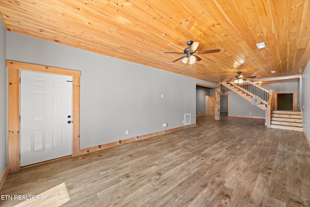 unfurnished living room with hardwood / wood-style flooring, wooden ceiling, and ceiling fan