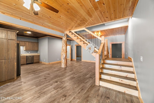 basement featuring hardwood / wood-style flooring, stainless steel fridge, wooden ceiling, and ceiling fan