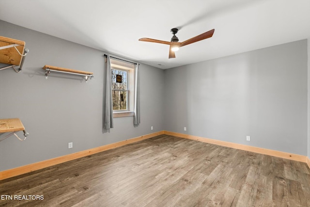 unfurnished room with hardwood / wood-style flooring and ceiling fan